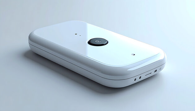White modern electronic device with a circular button on top, sleek design on a light grey background, studio lighting, clean technology concept