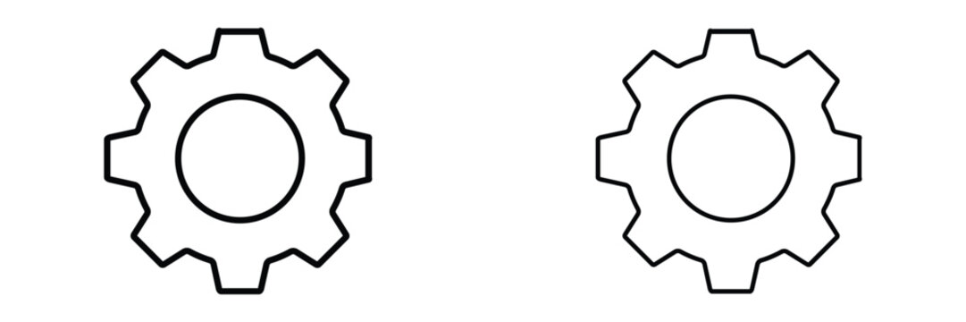 Two identical black outline of a gear or cogwheel each with a circular opening in the center and ten distinct teeth around its perimeter presented side by side on a clean white background