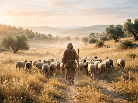 Shepherd leads his flock through a serene golden valley at sunrise