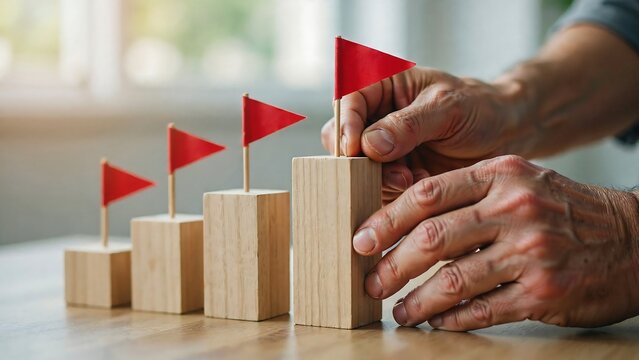 Hands placing red flags on wooden blocks in ascending order