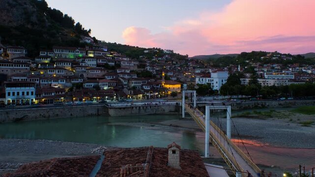 Time lapse of Berat, Albania during a sunset. It goes from the late evening to night with illumination being turned on
