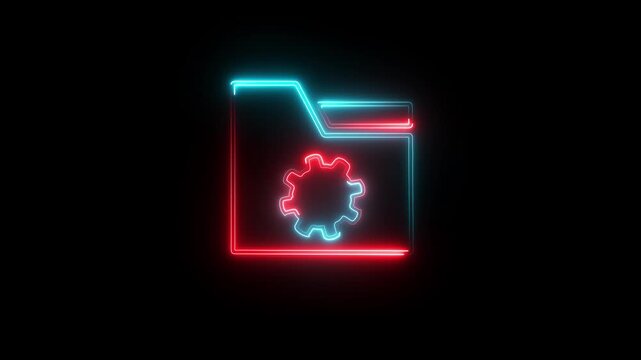 Neon folder blue gear icon animation on black background ,outline of a folder icon with horizontal lines on a black background. 4k animation.