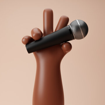 Cartoon hand holding microphone and showing victory gesture isolated over light orange background. 3D rendering.