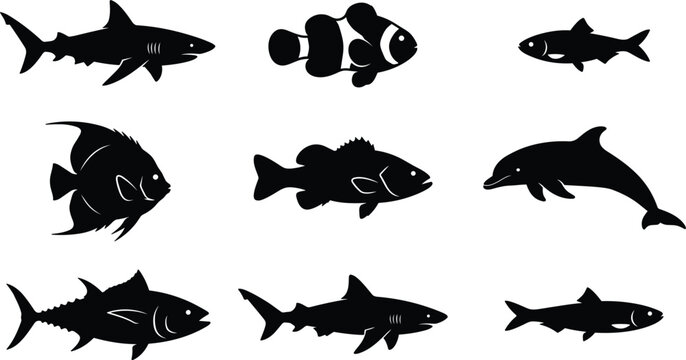 Sea fish silhouette vector icon set featuring marine animals shark dolphin clownfish angelfish tuna isolated on white background
