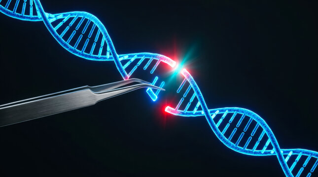 CRISPR gene editing with medical tweezers extracting nucleotide segment from glowing DNA strand, biotechnology concept illustration. 