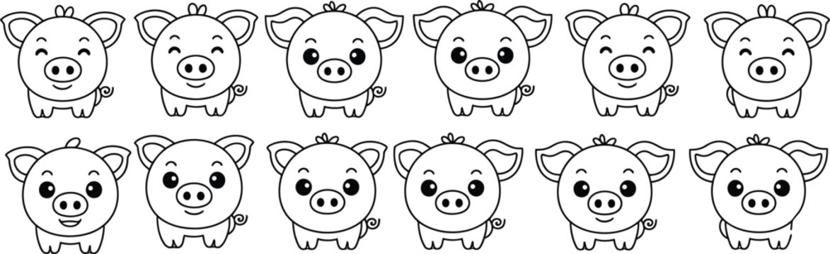 Cute cartoon pig pattern featuring twelve outlined pig faces for coloring, pattern recognition, children's activity, playful farm animal vector set