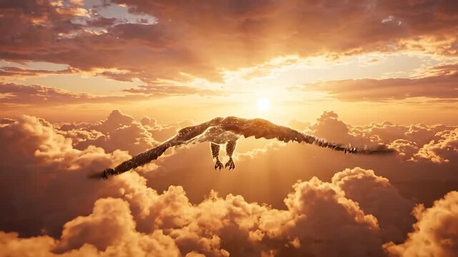 Digital eagle flying through epic clouds at sunset seamless loop