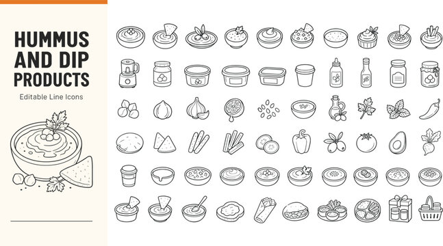 A collection of editable vector line icons featuring hummus, dips, appetizers, vegetables, and packaging. Perfect for food blogs, restaurant menus, and culinary graphic design projects.