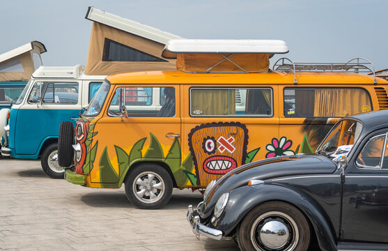 Scheveningen, The Netherlands, 31.05.2026, Vintage Volkswagen Kombi Camper Vans at the beach during classic car show