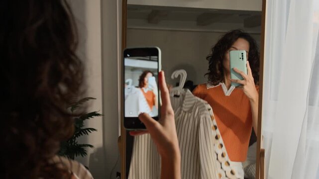 Over shoulder shot of Asian young adult woman holding smartphone and recording video in mirror while showing striped shirt. Clip ideal for fashion blogging, e-commerce, and social media marketing