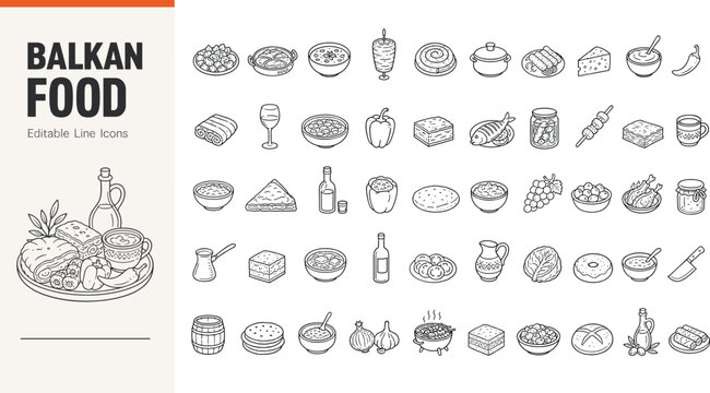 Vector illustration set of traditional Balkan food icons. Black and white outline collection ideal for culinary websites, restaurant menus, and food apps.