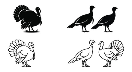 Fototapeta premium Turkey Silhouette And Line Art Set On White Background