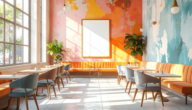 Vibrant cafe interior with sunlit tables, orange banquette seating, and abstract colorful wall art, inviting atmosphere