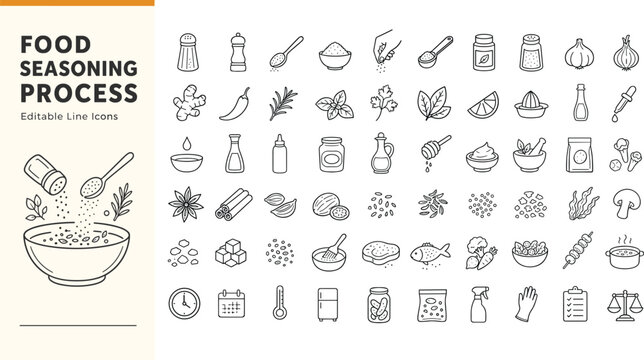 A vector collection of editable food seasoning icons including herbs, spices, cooking tools, and kitchen prep elements for culinary design projects.