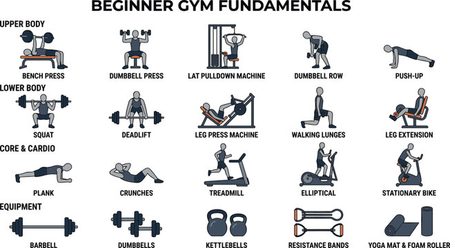 Beginner gym fundamentals exercise infographic vector chart illustrating weightlifting, cardio, and workout equipment for fitness training apps and bodybuilding posters.