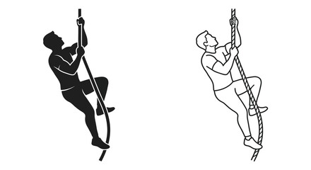 Fototapeta premium Man Climbing Rope Silhouette Against White Background Linear Illustration