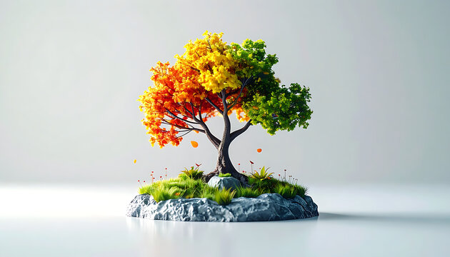 Vibrant miniature tree showing changing seasons with green, yellow, and orange leaves on a small rocky island, representing growth and transformation