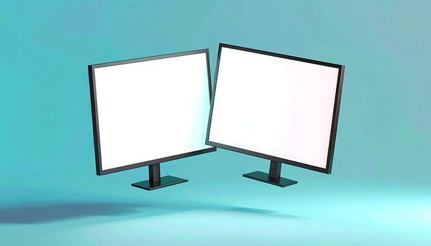 Two blank computer monitors angled towards each other on a teal background with subtle lighting and shadows, ideal for technology concepts or display mockups.