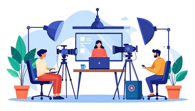 Video production studio setup with two cameras recording a woman speaking on screen, lighting equipment, plants, and a laptop on a table, flat vector illustration