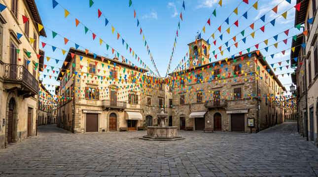Banderines festivos aportan color y tradici&oacute;n a una plaza durante las celebraciones.