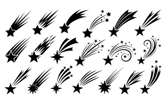 Set of shooting stars and comets isolated on white background