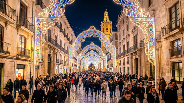 Arcos de luces decorativas transforman una calle en un espect&aacute;culo festivo nocturno.