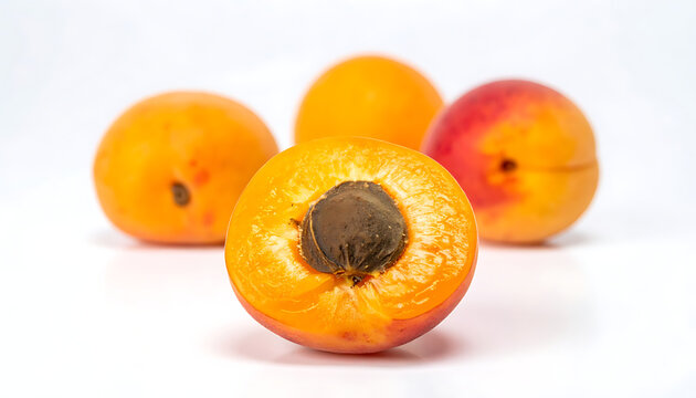 Whole and halved apricots, one cut revealing a large pit and juicy orange flesh, soft focus background