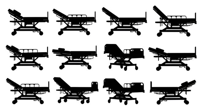 Hospital Bed and Gurney Silhouettes Set on White Background
