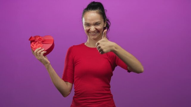 Woman holding a heart gift box and showing thumbs down while smiling in a studio setting; playful ambivalence.