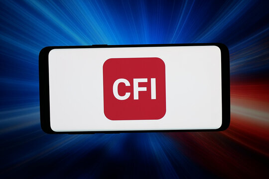 Stuttgart, Germany - 05-20-2026: In this photo illustration, the logo of brokerage company CFI Financial Group is displayed on a smartphone in front of abstract background on computer screen.