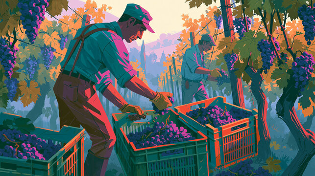 Vineyard Harvest: Organic Farming and Grape Picking with Vineyard Workers at Sunset