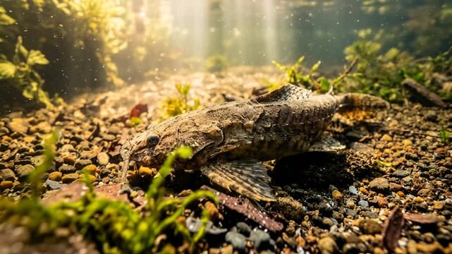banjo catfish underwater close up golden sunlight river habitat video