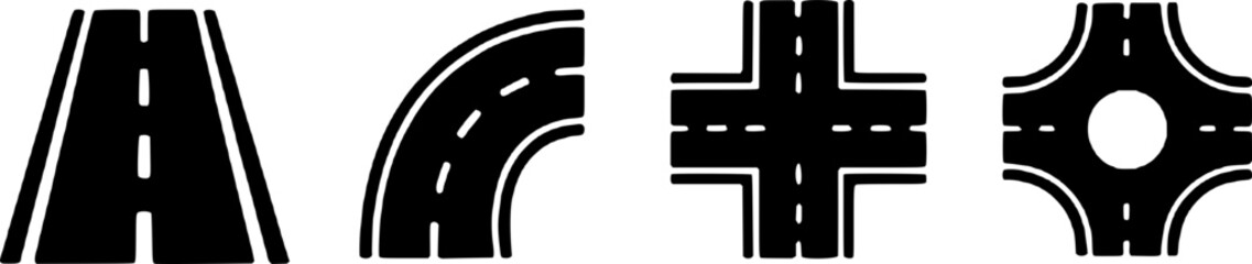 Black and white road signs and highway symbols on a white background, including straight, curved, intersecting roads and a roundabout. © SarfarazAhmed
