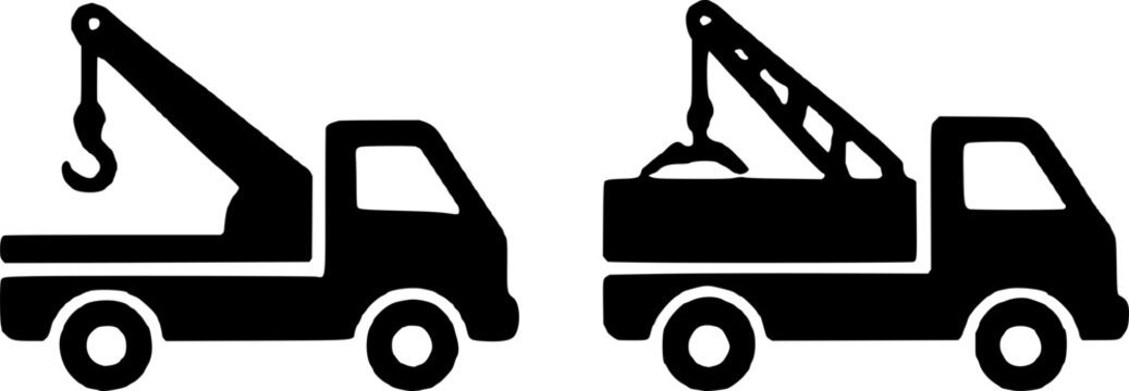 Two black silhouette tow trucks with hooks and booms on a white background, side by side, for industrial or rescue concepts.
