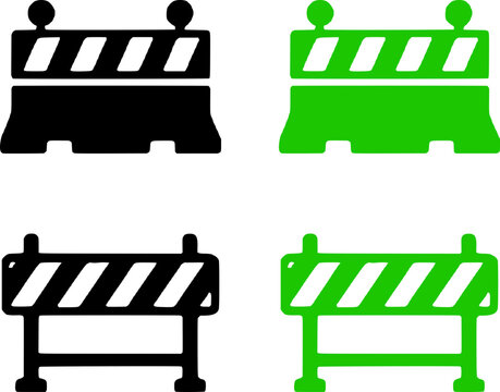 Four different colored roadblock icons, including black and green, for construction or warning signs on a white background, symbolizing barriers.