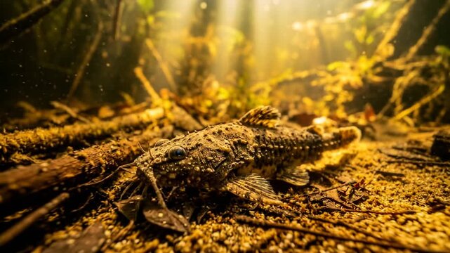 banjo catfish underwater close up golden sunlight river habitat video