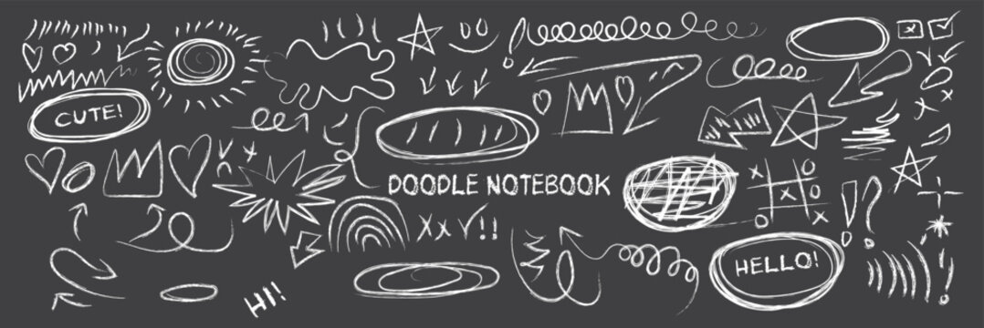 Blue pen scratch doodle and short phrases collection for hand drawn notes, journaling and graphic design. Thin blue marker doodles and scribbles, hand drawn stickers, emphasis vector elements.