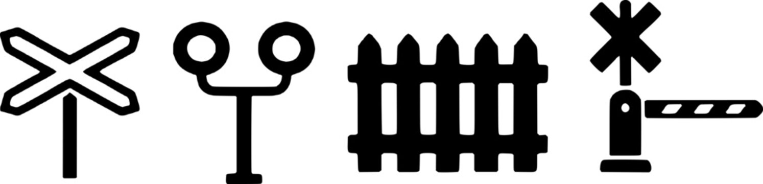 Collection of railroad crossing signs and fences in black and white, including windmill, semaphore, gate, and warning signs on white background.