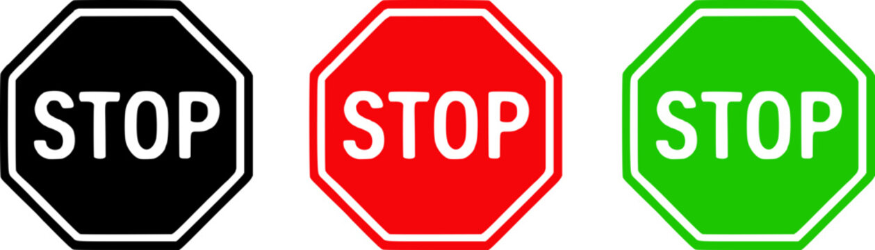 Three stop signs in black, red, and green on white background, traffic signs concept.