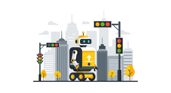 Autonomous Delivery Robot in Smart City with Traffic Lights and Skyscrapers Vector Illustration for AI Logistics and Future Urban Transport Concepts