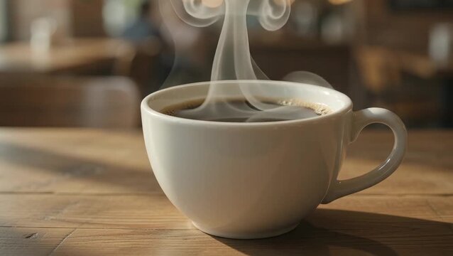 cup of coffee on the table, Aromatic coffee in a white mug on wood, Hot drink for a perfect morning, Coffee break: steaming hot cup on wood, Steam rising from a cup of hot drink