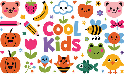 Fototapeta premium Cool kids cartoon elements set cute characters animals fruits and nature vector collection