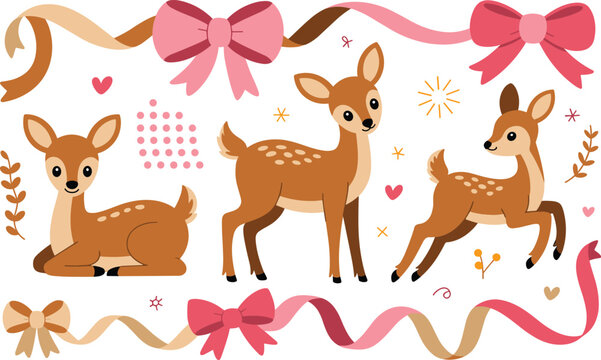 Collection of cute fawn deer characters with decorative ribbons bows and floral elements