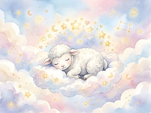 Gentle watercolor lamb floating among pastel clouds and twinkling stars, perfect for a Christian nursery.