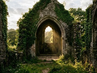 Fototapeta premium Sunlit ruins of an ancient ivy-covered chapel with arched windows, evoking peaceful historic Christian beauty