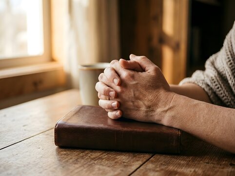 Gentle hands folded over a Bible in a quiet morning prayer moment