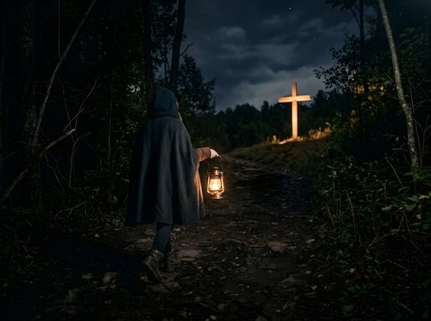 Silhouetted woman carrying lantern moving along a dark path toward a glowing cross, representing hope and faith.