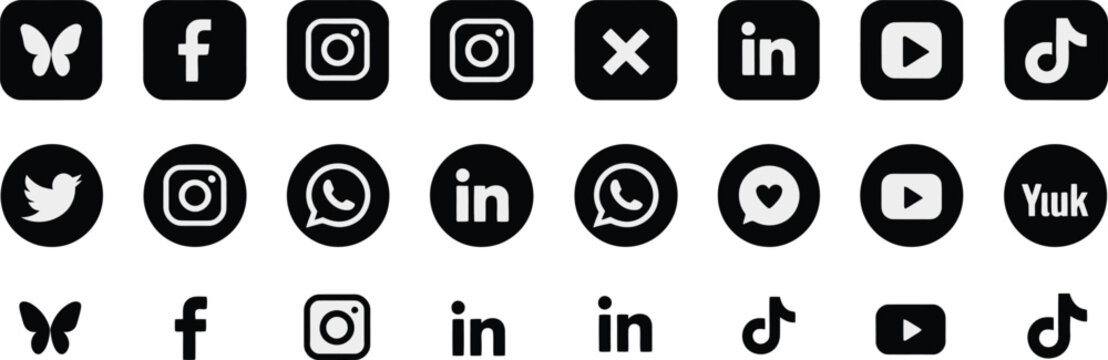icons facebook instagram x tiktok linkedin whatsapp youtube glyph set