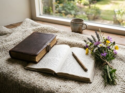 Bible and journal resting among wildflowers on a cozy blanket for peaceful devotional moments