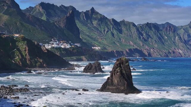 Rocky Benijo Beach and Alm&aacute;ciga Village in Anaga Rural Park, Tenerife, Canary Islands. Aerial video.